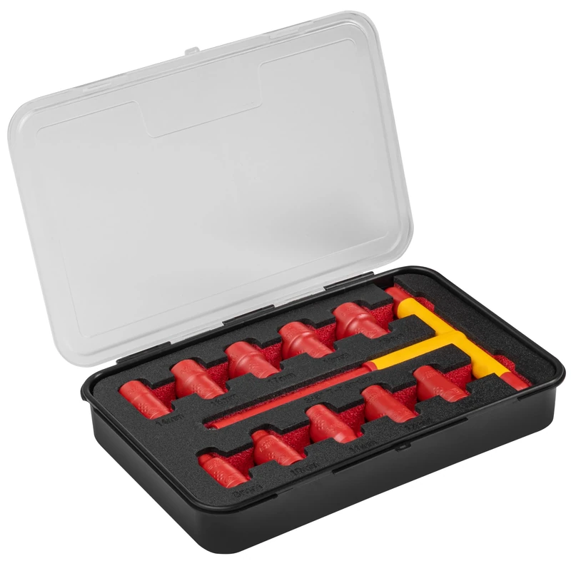 HÖGERT TECHNIK 11-Piece Insulated Socket Set with T-Key Type 1000 V, 11-Piece VDE Certified for up to 1000 Volts, 10 Pieces 1-3/8 Inch Insulated Socket Spanner and 1 T-Key with Handle