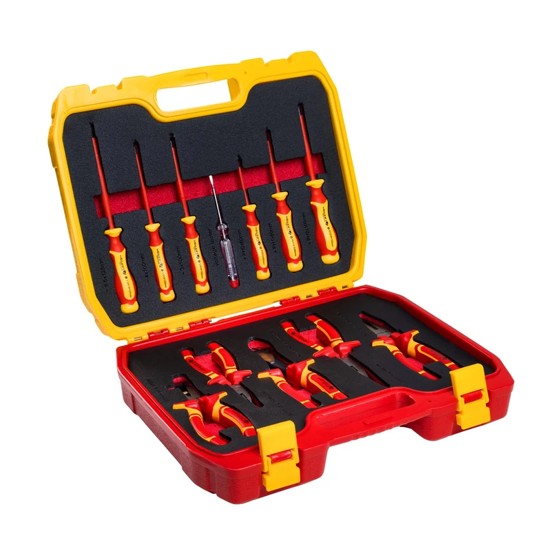 HÖGERT TECHNIK Set of 12 Electricians Tool Set, Insulated 1000 V Hand Screwdriver, Slotted and Cross Screwdriver, Pliers, Voltage Tests, Plastic Case Tool Set
