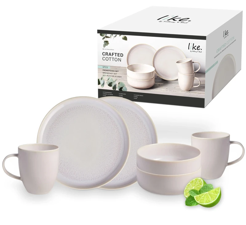 like. by Villeroy & Boch - Crafted Cotton, 6 pcs. Breakfast Set, Stoneware, Dishwasher-Safe, Microwave-Safe, Plate, Dinner Plate, Ceramic Crockery, Crockery Set, Tableware, Set