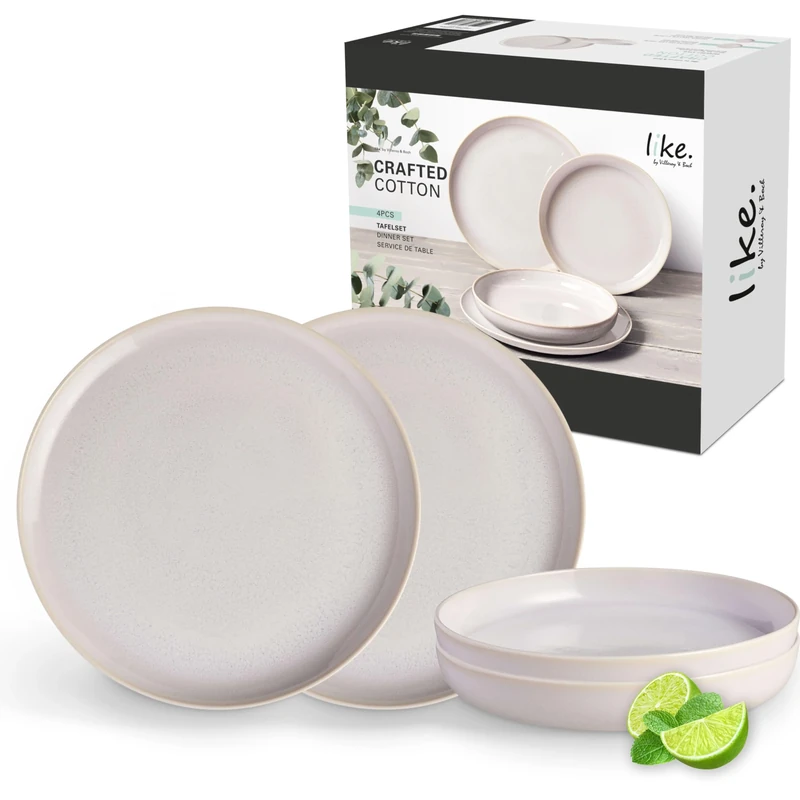 like. by Villeroy & Boch - Crafted Cotton, 4-Piece Dinner Set, Premium Porcelain, Dishwasher-Safe, Microwave-Safe, Plate, Dinner Plate, Ceramic Crockery, Crockery Set, Tableware, Set