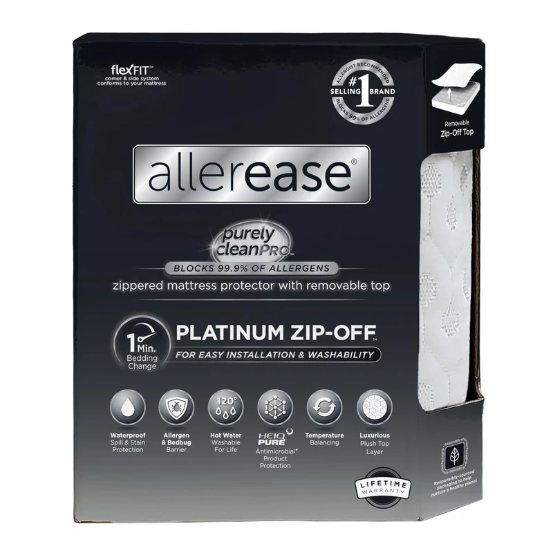 AllerEase Platinum Zip Off Top Waterproof Mattress Protector, Full, 360° Zipper, Allergen Barrier, Temperature Balancing, Plush-Soft, Separate, Machine Wash, White