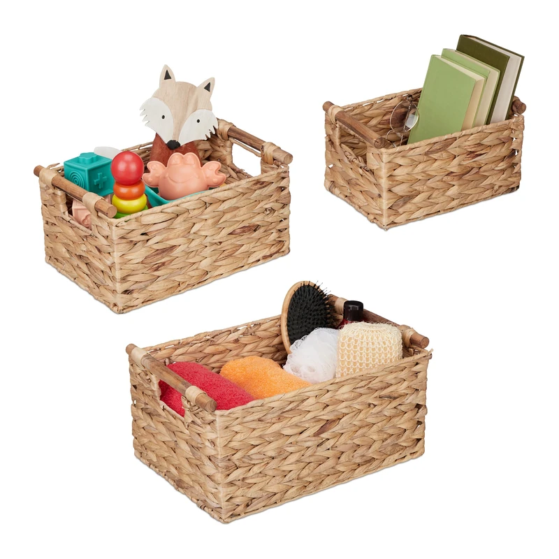 Relaxdays Storage Box, Water Hyacinth, Set of 3, Baskets in 3 Sizes, Bathroom & Nursery Storage, Square Baskets, Natural