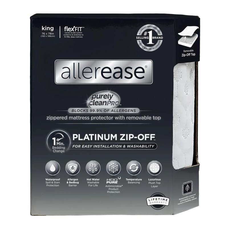 AllerEase Platinum Zip-Off Top Waterproof Mattress Protector King Size 360 Degree Zipper Allergen Barrier Temperature Balancing Luxurious Plush Top Separately Machine Washable Mattress Cover (White)