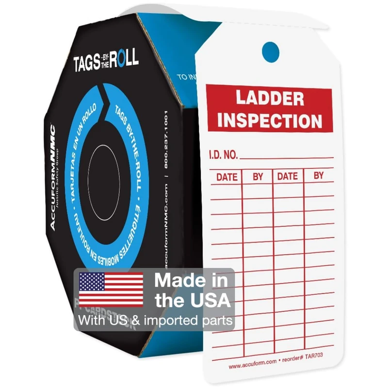 AccuformNMC 100 Tags by-The-Roll, Ladder Inspection Tags with Record, US Made OSHA Compliant Ladder Tags, Waterproof PF-Cardstock, Resists Tears, 6.25"x3", TAR703