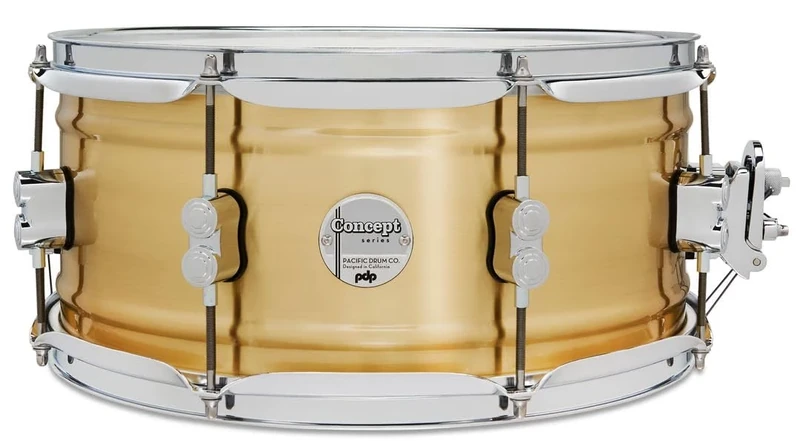 Pacific Drums Concept Series Metal Snare, 14" x 6.5", 1.2mm Natural Satin Brushed Brass | A thinner, double-beaded brass shell and a brushed exterior for a satin look