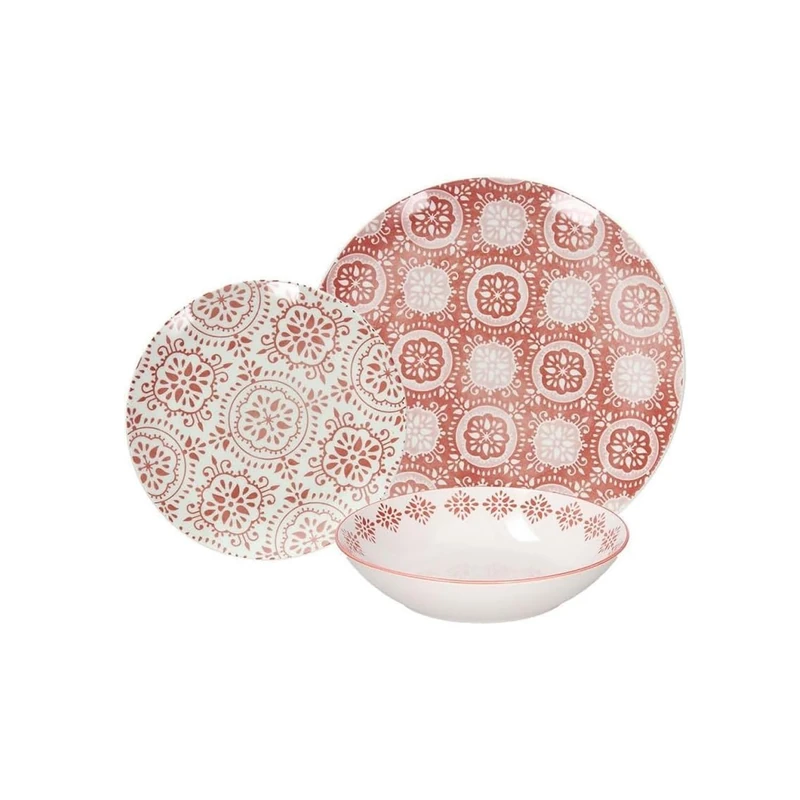 Table Set with 18 Plates of Different Sizes, Decorated – Set of Plates and Plates for Kitchen, Porcelain, White and Red