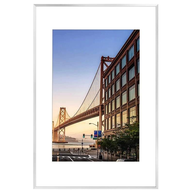 Frametory, 16x24 Aluminum Picture Frame - 16 x 24 Silver Frame with Removable Mat for 12 x 18 Photo - 24 By 16 Durable Metal Frame with Real Glass - Sawtooth Hanger for Easy Wall Display - 1 Pack