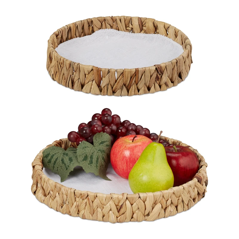 Relaxdays Fruit Bowl, Set of 2, Made from Water Hyacinth, Woven Design, Boho-style Table Decor, Wicker Basket, Natural, Plant fibre, 5 x 30 x 30 cm