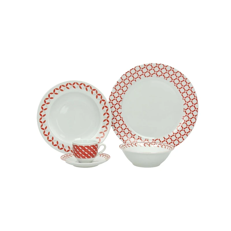 30-Piece Dinner Set with Plates, Bowls and Cups - Table Service with Checkered Decoration, Porcelain, White and Red - Image 1