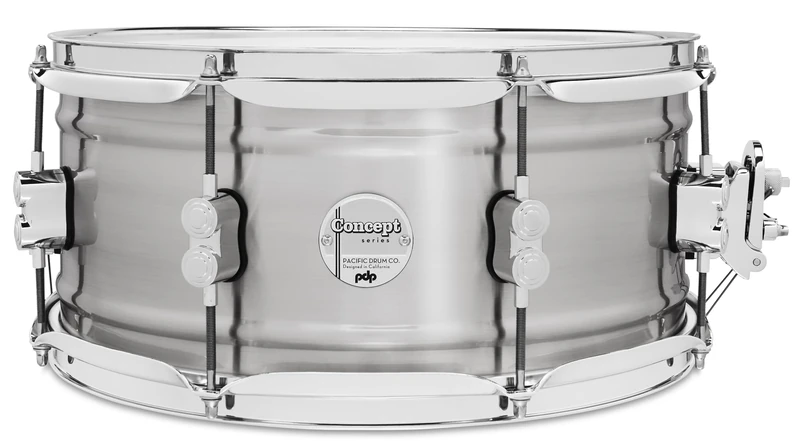 Pacific Drums Concept Series Metal Snare, 14" x 6.5", 1.2mm Natural Satin Brushed Aluminum | A rolled aluminum shell for round tone and dry resonance with a brushed exterior