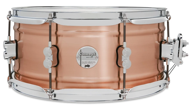 Pacific Drums Concept Series Metal Snare, 14" x 6.5", 1.2mm Natural Satin Brushed Copper | A rolled copper shell with darker tone and a brushed exterior