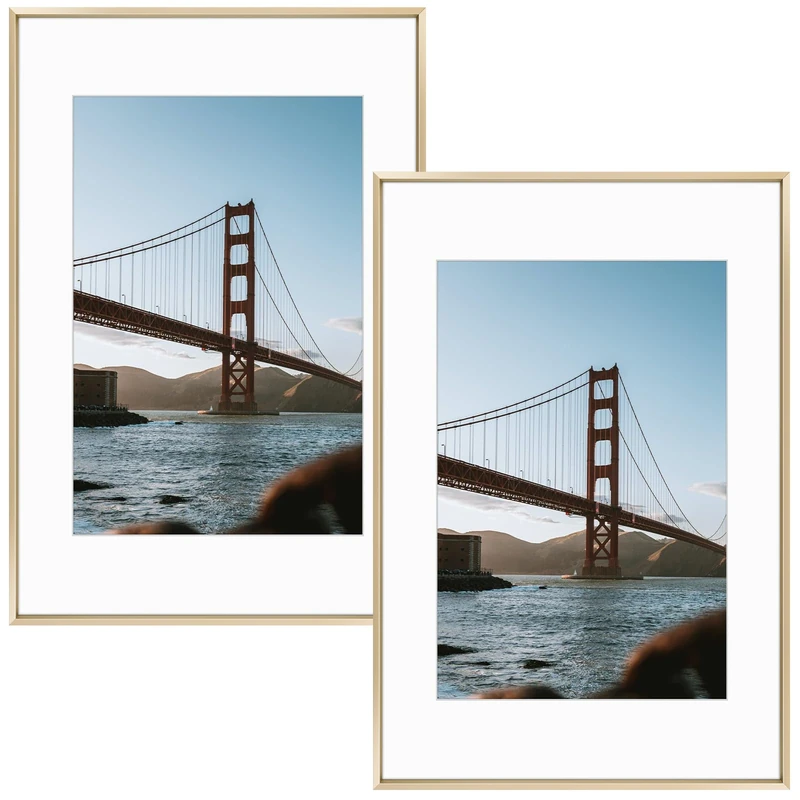 Frametory, 16X24 Aluminum Photo Frame with Ivory Color Mat for 12X18 Picture & Real Glass, Metal Picture Frame Collection (Gold, 2-Pack)