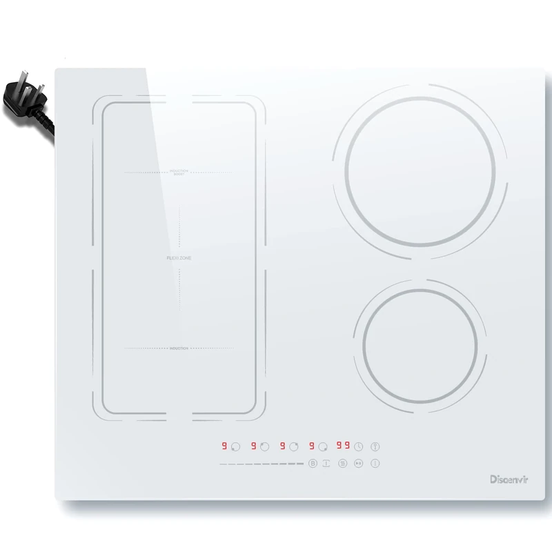 Disaenvir Plug in Induction Hob 4 Zones, 13 Amp 2800W Electric Cooker 60cm with Extended Zone, 4 Burners Cooktops in Touch & Slide, 9 Power Levels Setting, Booster, Pause, Timer, Safety Lock, White