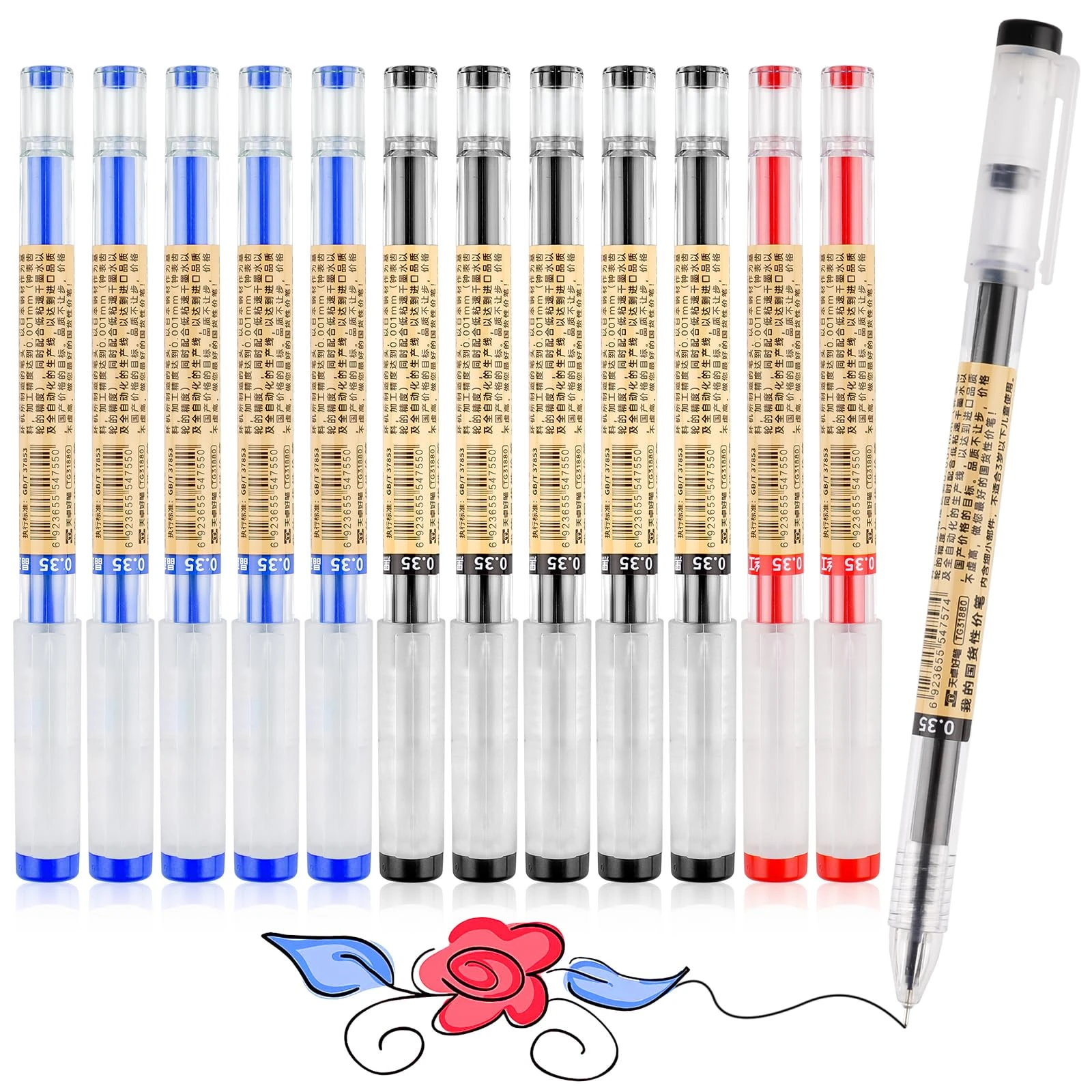12 Pcs Gel Pens for Writing, Pens Black Ink, Smooth Writing Pen, Ink Pen for writing, Liquid Ink Rollerball pen, pens Multipack, Gel pens Inky for School Kids Adult - Black, Blue, Red