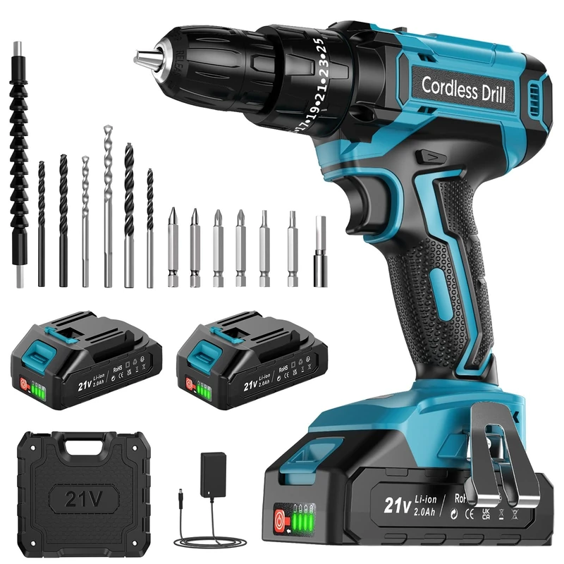 MHPRO Cordless Drill Set 21V, Cordless Hammer Drill with 2 Batteries 2000mAh, 25+3 Torque, 42N.m Max Electric Drill, 2 Speed, LED Light,14PCS Drill Bits for Home and Garden DIY Project