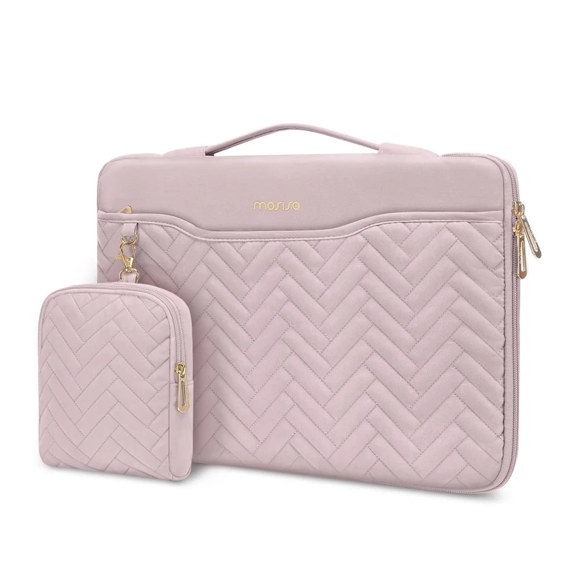 MOSISO 13.3 inch 360 Protective Laptop Case, 13-13.3 inch Laptop Sleeve Compatible with MacBook Air/Pro 13 13.6/Pro 14, HP Dell ASUS, Rectangle Quilted Bag with Handle&Pocket&Small Case, Pink