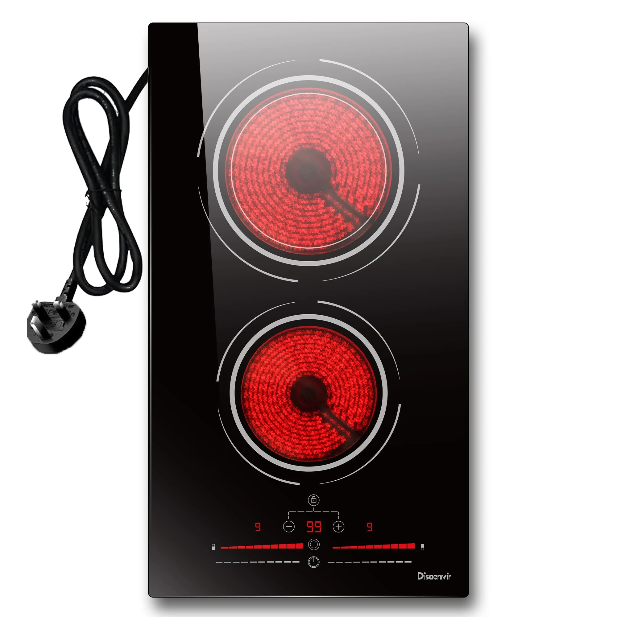 Disaenvir Electric Cooktop in Ceramic Dual Ring, 2 Burner Plug in Portable Electric Hob 2800W, 30cm Built-in & Countertop Stove Top with Extended Zone, Slide Control & Touch Control, Safety Lock