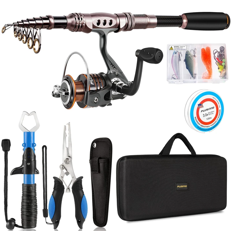 PLUSINNO Fishing Rod and Reel Combos Carbon Fiber Telescopic Fishing Pole with Reel Combo Sea Saltwater Freshwater Kit Fishing Rod Kit