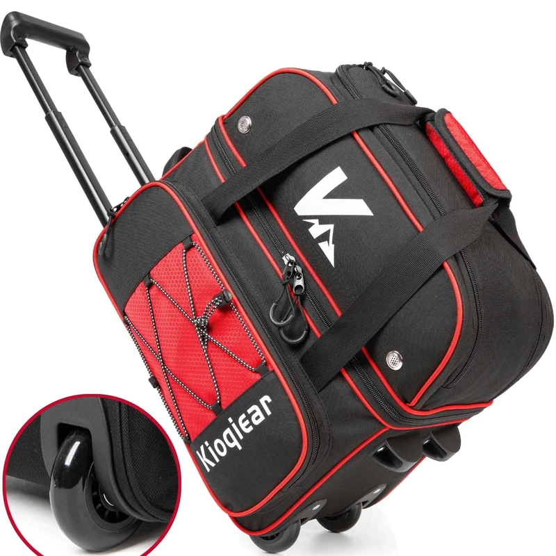 Kioqiear Double Roller 2 Ball Bowling Bag with Large Separate Shoe Compartment and Oversized Accessory Pocket, 36" Extendable Handle. (RED)