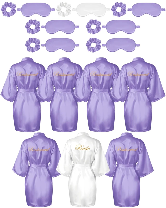 Jecery 7 Pcs Bridesmaid Robe Sets Bride Silk Satin Bridal Party with Sleeping Eye Mask and Elastic Headband, White, Light Purple, One Size - Image 1