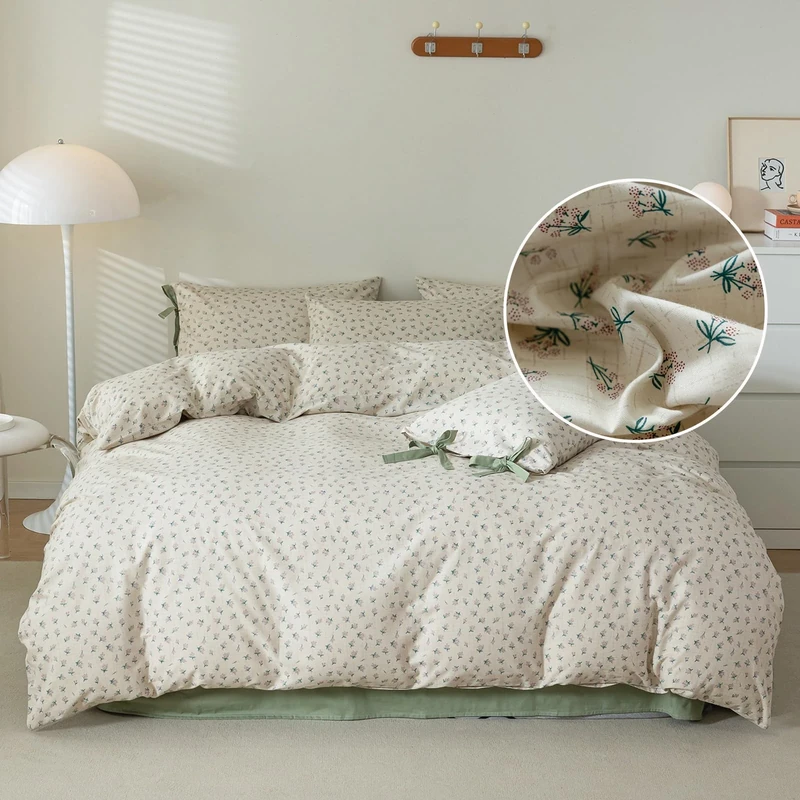 Vintage Style Duvet Cover - Queen Size, 100% Cotton, Green Floral Print, Cottagecore Comforter Set with 2 Bowknot Pillowcases
