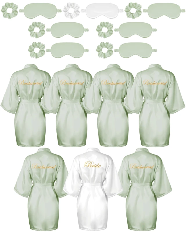Jecery 7 Pcs Bridesmaid Robe Sets Bride Silk Satin Robes Bridal Party Robes with Sleeping Eye Mask and Elastic Headband Sets, White, Light Green, One Size