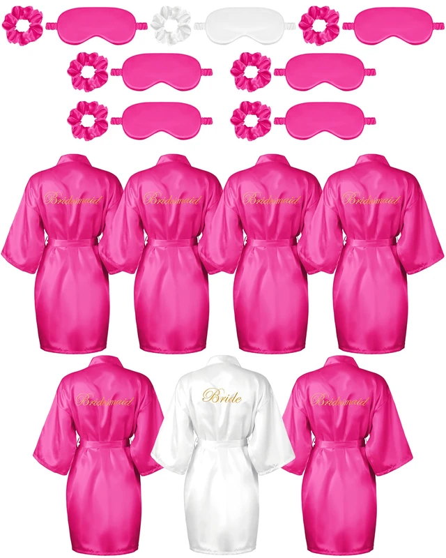 Jecery 7 Pcs Bridesmaid Robe Sets Bride Silk Satin Robes Bridal Party Robes with Sleeping Eye Mask and Elastic Headband Sets, White, Rose Red, One Size