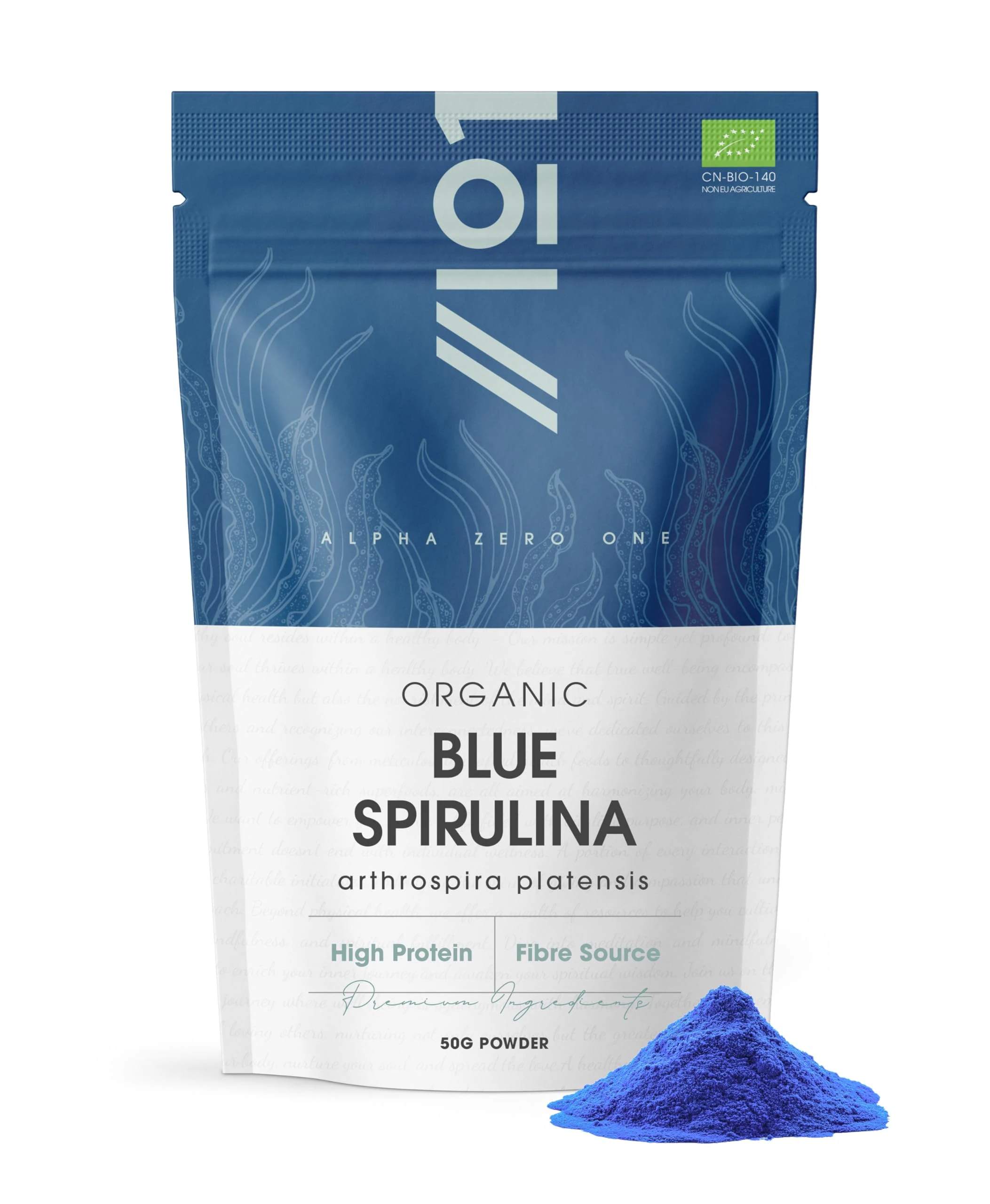 Organic Blue Spirulina Powder 50g – 100% Natural Phycocyanin for Smoothies – Vibrant Blue Food Colouring & Ingredient – Rich in Protein – Resealable and Recyclable Pouch by Alpha01