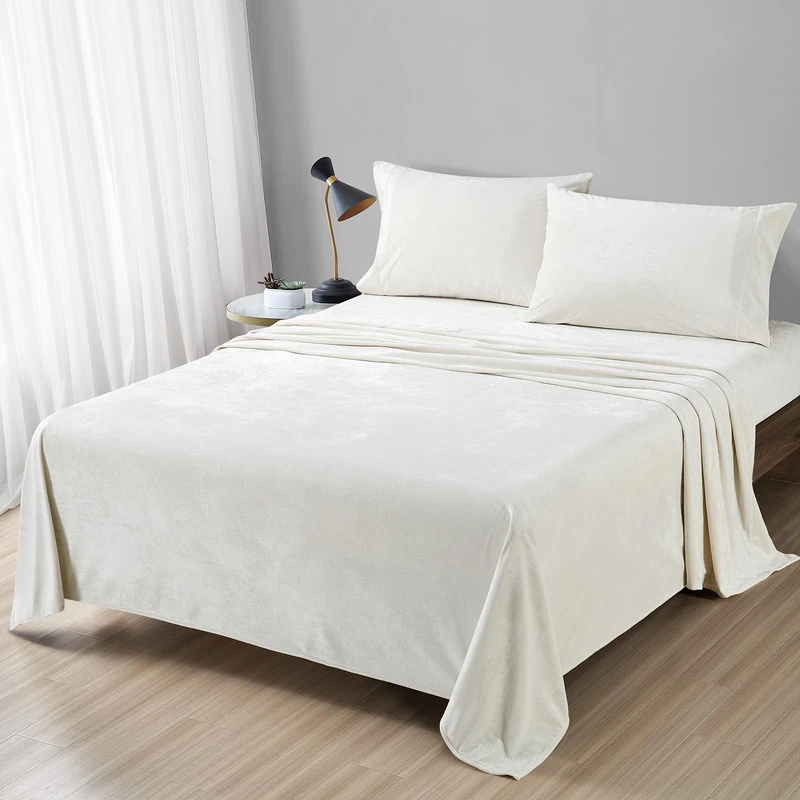 Fredsure Distressed Velvet Sheet Set, 4 Pieces Light Ivory Queen, Ultra Soft, Warm