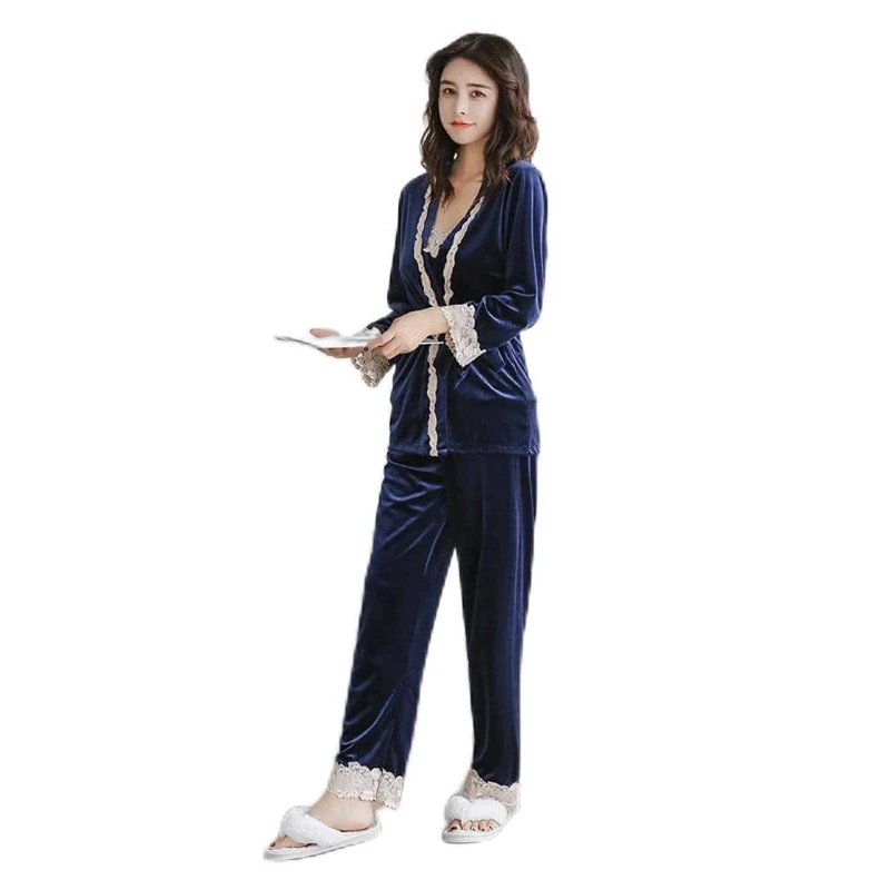 BODHIS Women Velour Pajamas Set Lady Strap Top Pants Sleepwear Home Wear Three Piece Nightgown Kimono Robe Bath Gown Nightdress (B M)