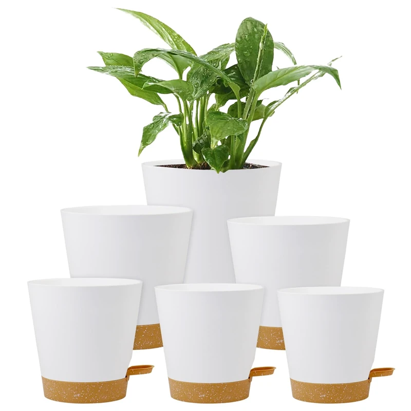 Homeuouz 6 Pack Self Watering Plant Pots Indoor-20/17.5/16.5/15/14/12.5CM Plastic Flower Pots with Drainage Holes, Saucer & Reservoir, for House Plants, Herbs & Succulents(White)