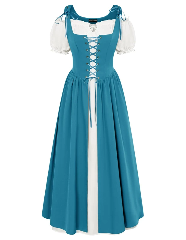 Scarlet Darkness Women Renaissance Dress Peasant Medieval Dress Short Sleeve Maxi Dress, Ocean Blue, S