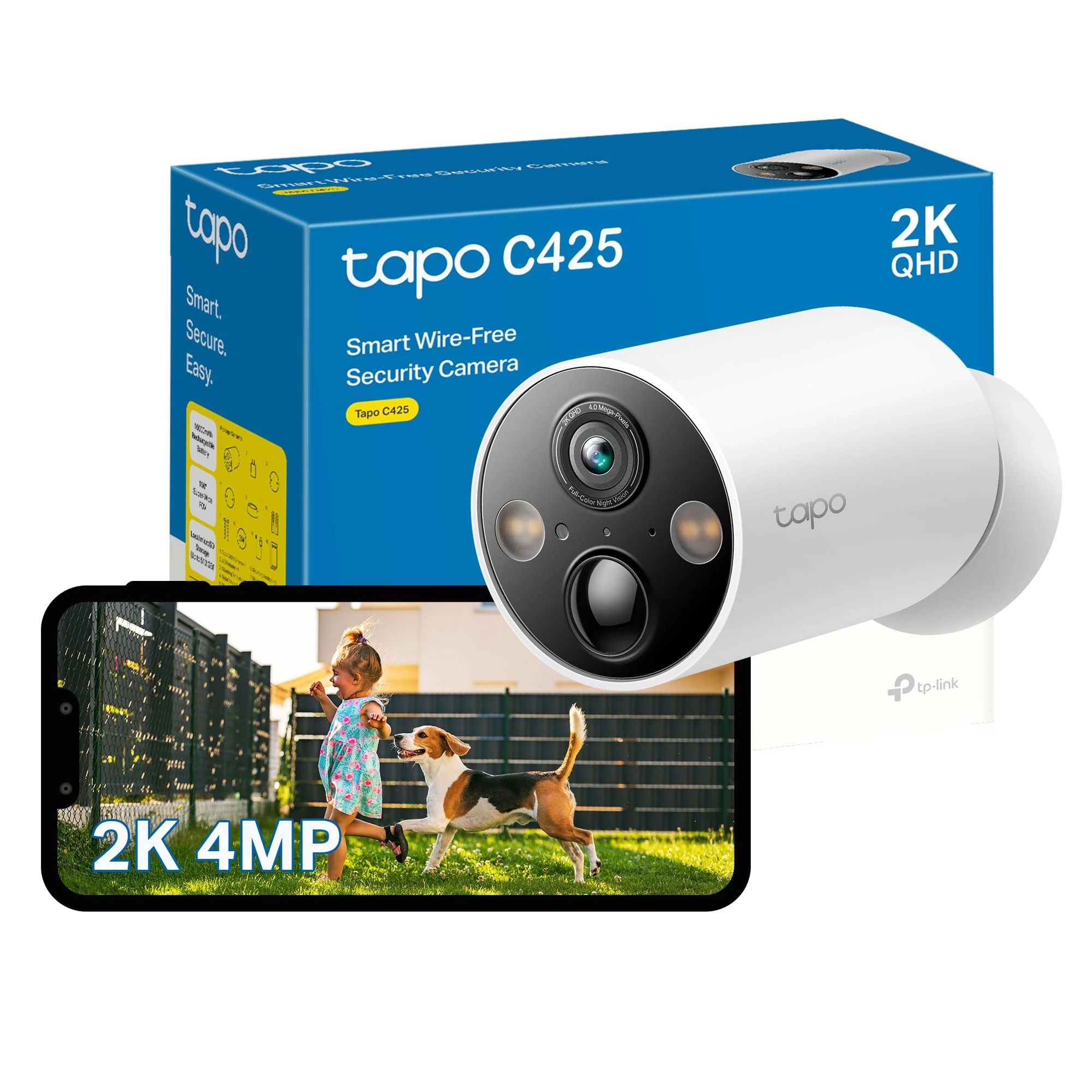 Tapo C425 2K 4MP QHD Battery Security Camera Outdoor Wireless, 300-day Battery Life, 150° Super-wide FOV, Colour Night Vision, Outdoor Camera No Monthly Fee, AI Detection, Two-way Talk