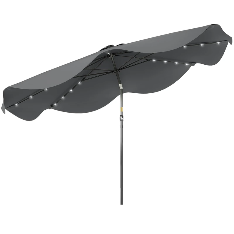 Outsunny 3(m) Garden Parasol Umbrella with 32 Solar LED Lights and Tilt, Outdoor Market Table Umbrella Sun Shade Canopy with Crank, 8 Ribs, Dark Grey