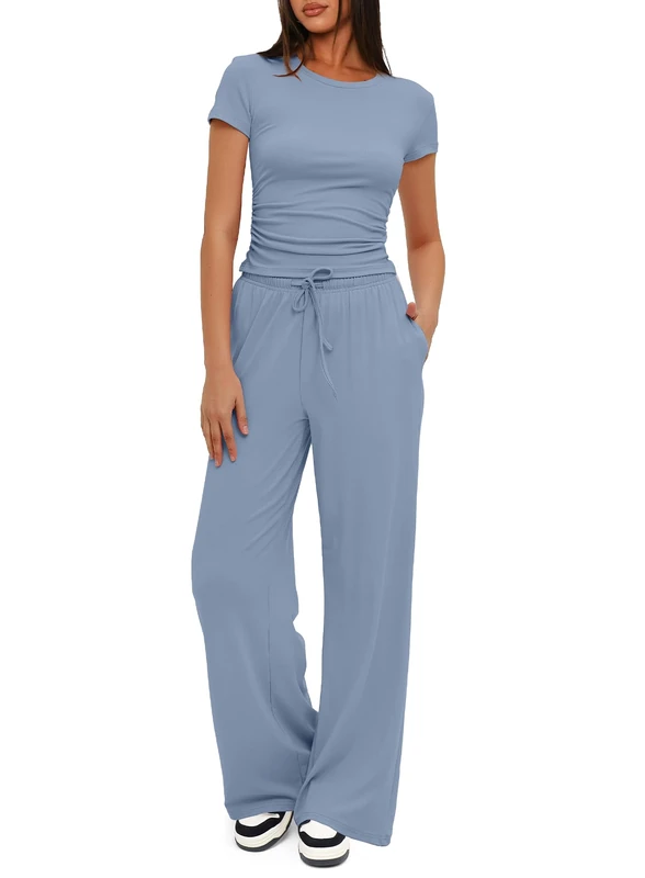 Darong Women's Two Piece Outfits Lounge Sets Ruched Short Sleeve Tops and High Waisted Wide Leg Pants Tracksuit Sets, Blue, Medium