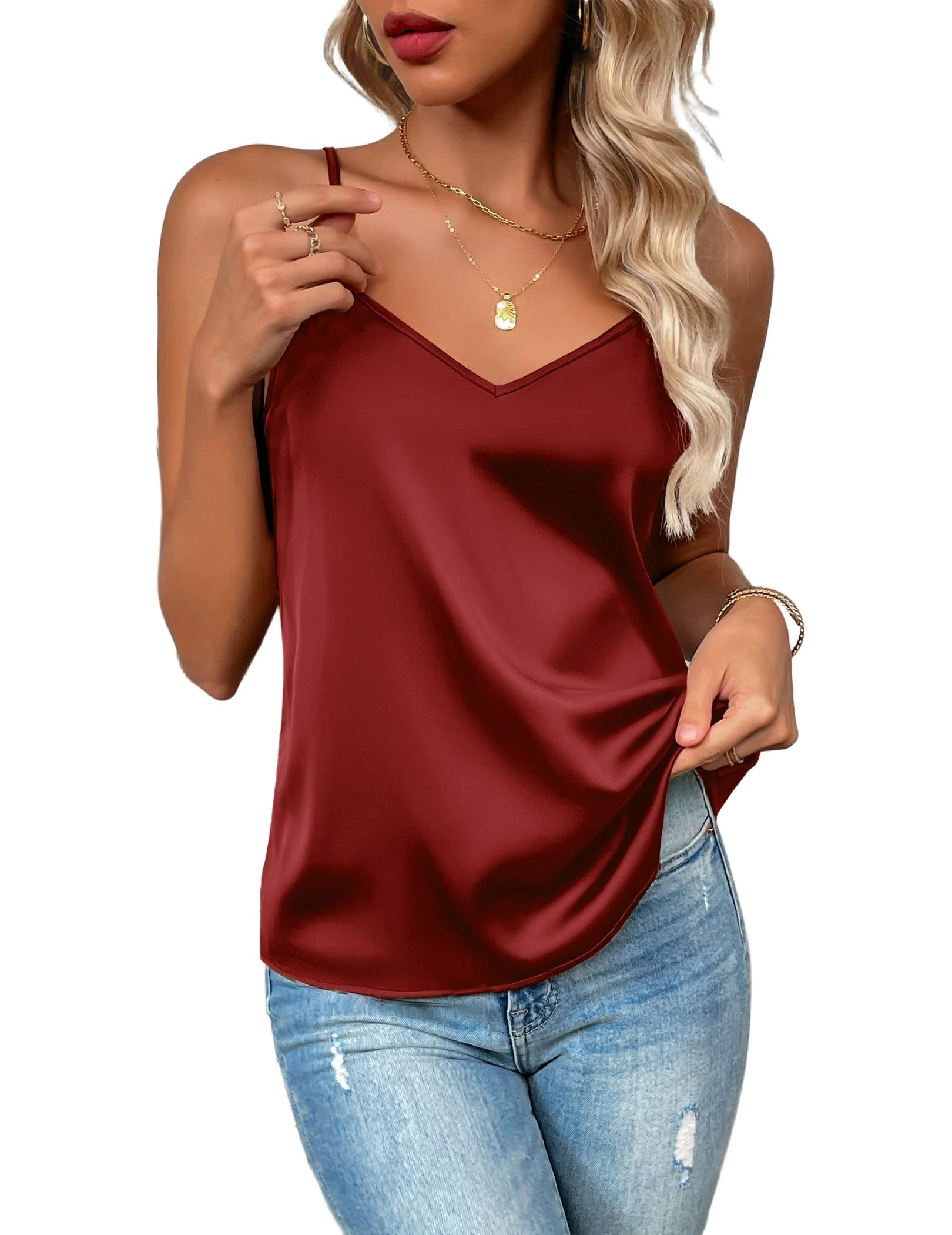 Zeagoo Womens Silk Tank Tops V Neck Cami Vest Satin Summer Basic Top with Strap Camisole Spaghetti Elegant Sleeveless Blouse Loose Blouse Wine Red XL