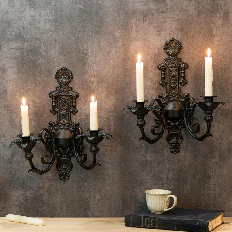 Candle Sconce(Set of 2)-Metal Wall Decorations-Rustic Home Decor-Wall Candle Sconces-Black Wall Sconces,Ideal for Stick Candles