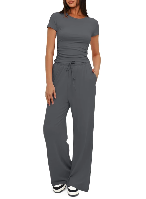 Darong Women's Two Piece Outfits Lounge Sets Ruched Short Sleeve Tops and High Waisted Wide Leg Pants Tracksuit Sets, Grey, Medium