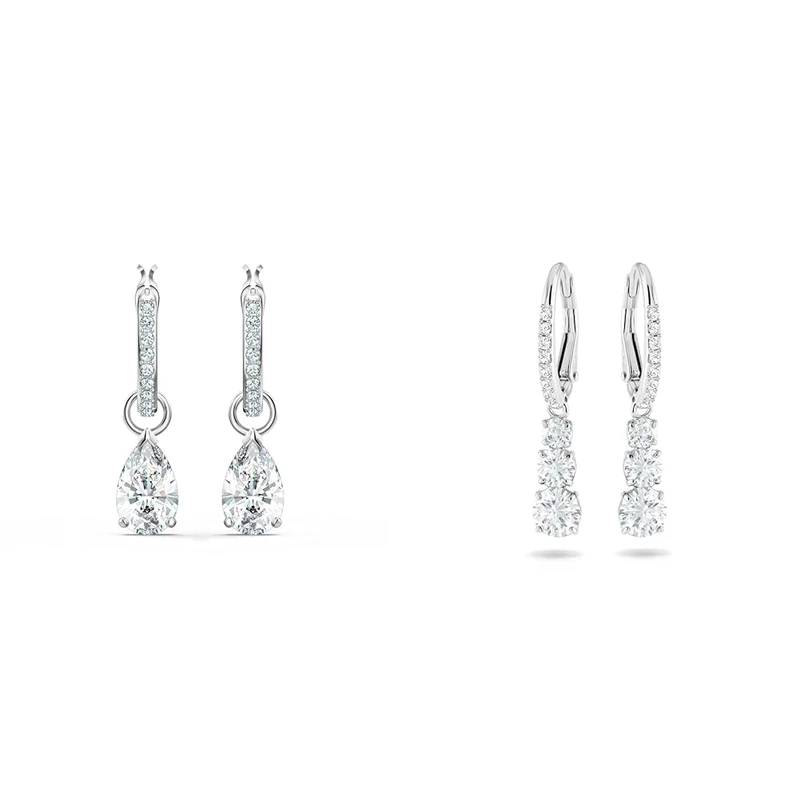 Swarovski Attract Trilogy earrings, White, Rhodium plated & Attract Hoop Earrings, Pear Cut, White, Rhodium Plated