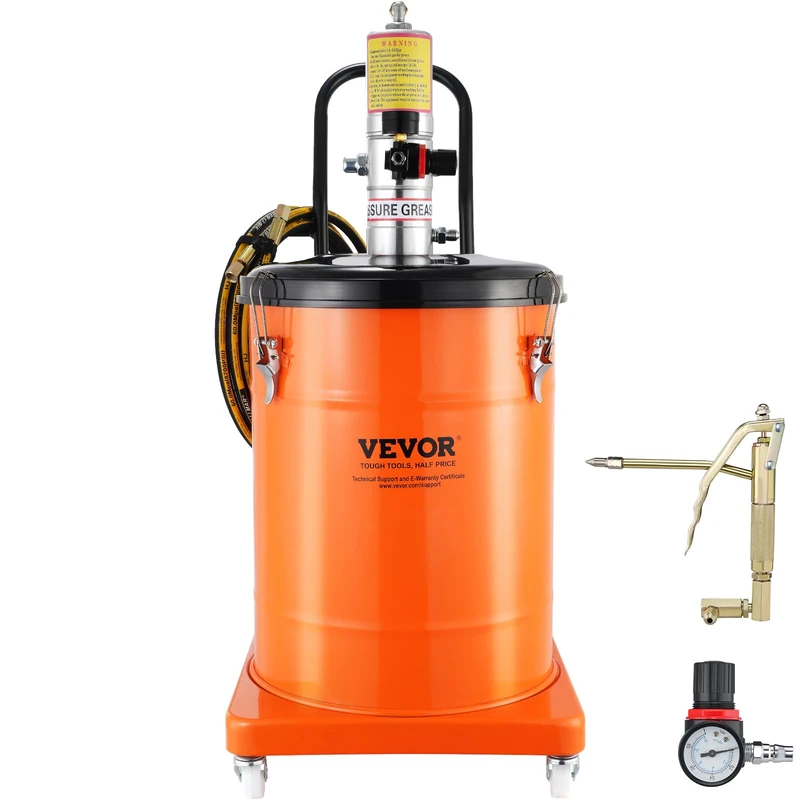 VEVOR Grease Pump, 10.5 Gallon 40L Air Operated Grease Pump with 13 ft High Pressure Hose and Grease Gun, Pneumatic Grease Bucket Pump with Wheels, Portable Lubrication Grease Pump 50:1 Pressure Ratio