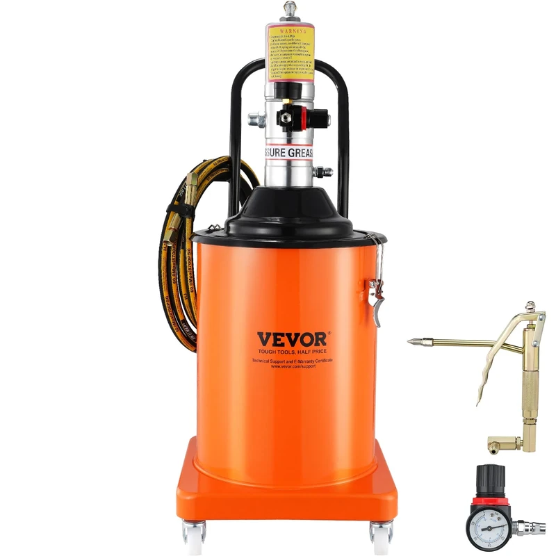 VEVOR Grease Pump, 5 Gallon 20L, Air Operated Grease Pump with 13 ft High Pressure Hose and Grease Gun, Pneumatic Grease Bucket Pump with Wheels, Portable Lubrication Grease Pump 50:1 Pressure Ratio