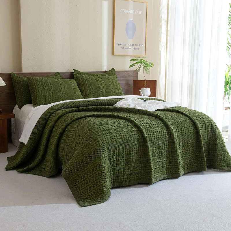 Sanracie Cotton Oversized King Bedspread Quilt(120"x120"),Olive Green Waffle Quilt Coverlet Set 3Pcs Extra Large King Quilt Bedding Set,Farmhouse Coverlet Quilt Set Shabby Vintage Chic Bedding