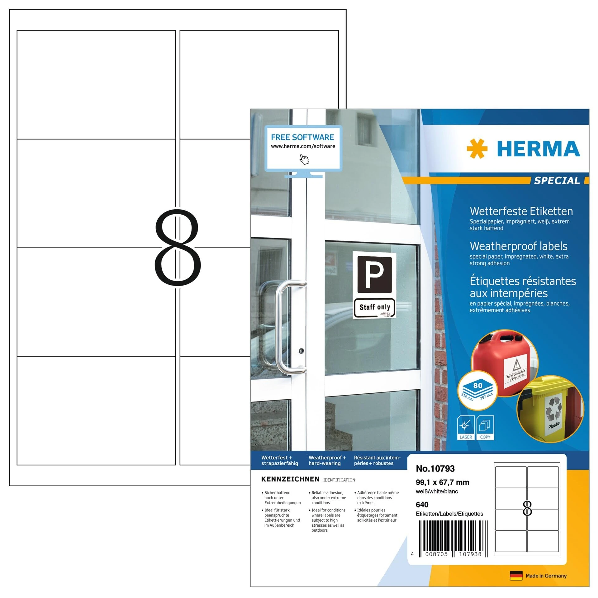 HERMA Self Adhesive Weatherproof Labels, 8 Labels per A4 Sheet, 80 Sheets, 99.1 x 67.7 mm, 640 Labels, Weather Resistant Labels Stickers, Sticky Labels of Special Paper for Laser Printer, White