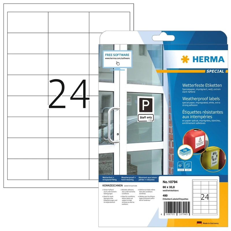 HERMA Self Adhesive Weatherproof Labels, 24 Labels per A4 Sheet, 20 Sheets, 66 x 33.8 mm, 480 Labels, Weather Resistant Labels Stickers, Sticky Labels of Special Paper for Laser Printer, White