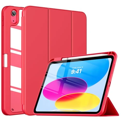 TiMOVO Case for iPad (A16) 11th Generation 11 Inch 2025, iPad 10th Generation Case 10.9 Inch 2022 with Pencil Holder,Slim Protective Cover with Clear Back Shell,Auto Wake/Sleep, Red