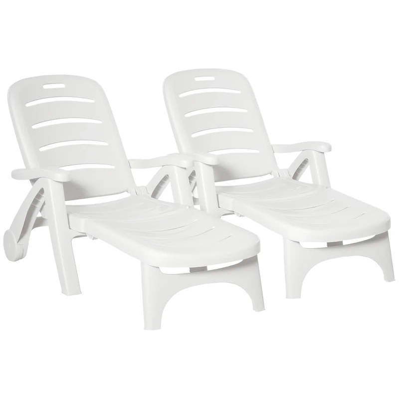 Outsunny Set of 2 Folding Sun Lounger with Wheels, 5-Position Adjustable Outdoor Deck Chair Furniture, Garden Beach Patio Pool Lounger Recliner Seat, White
