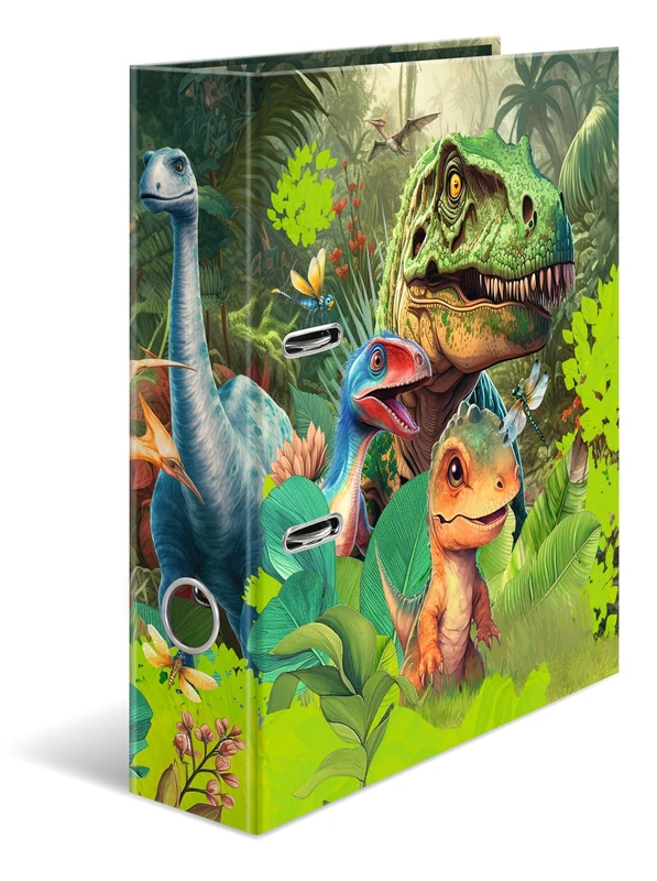 HERMA 20079 Folder A4 Dino World, Pack of 5, 7 cm Wide, Cardboard Folder with Inner Print for School and Office, Sturdy Children's Ring Binder Made of Cardboard for Boys and Girls