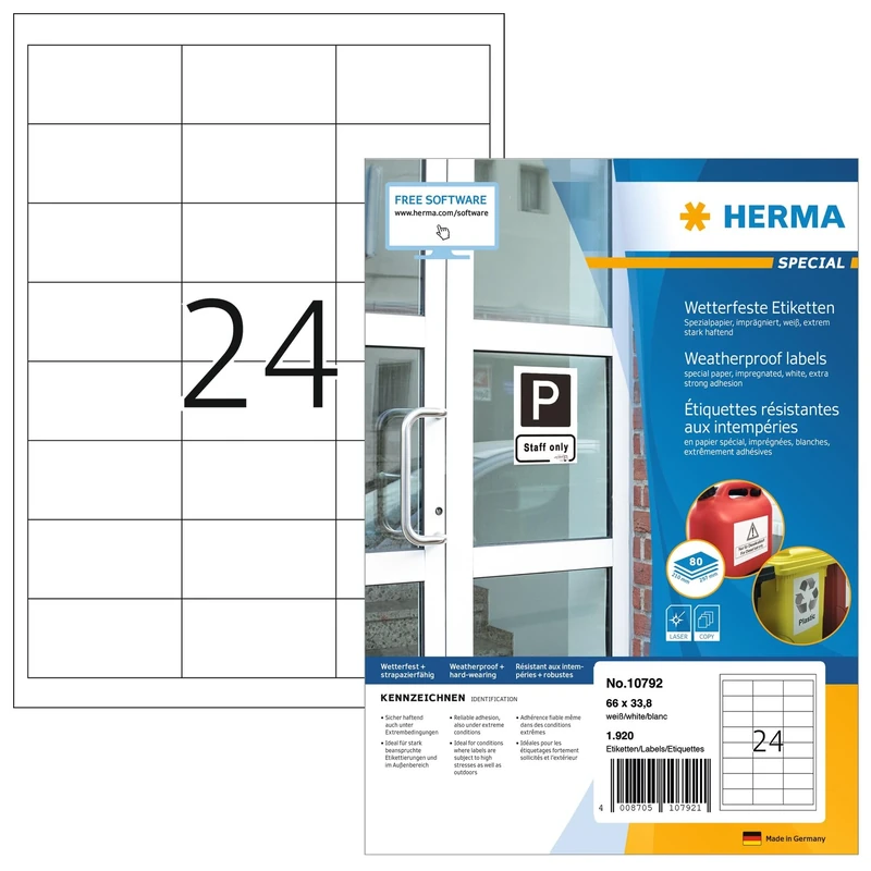 HERMA Self Adhesive Weatherproof Labels, 24 Labels per A4 Sheet, 80 Sheets, 66 x 33.8 mm, 1920 Labels, Weather Resistant Labels Stickers, Sticky Labels of Special Paper for Laser Printer, White