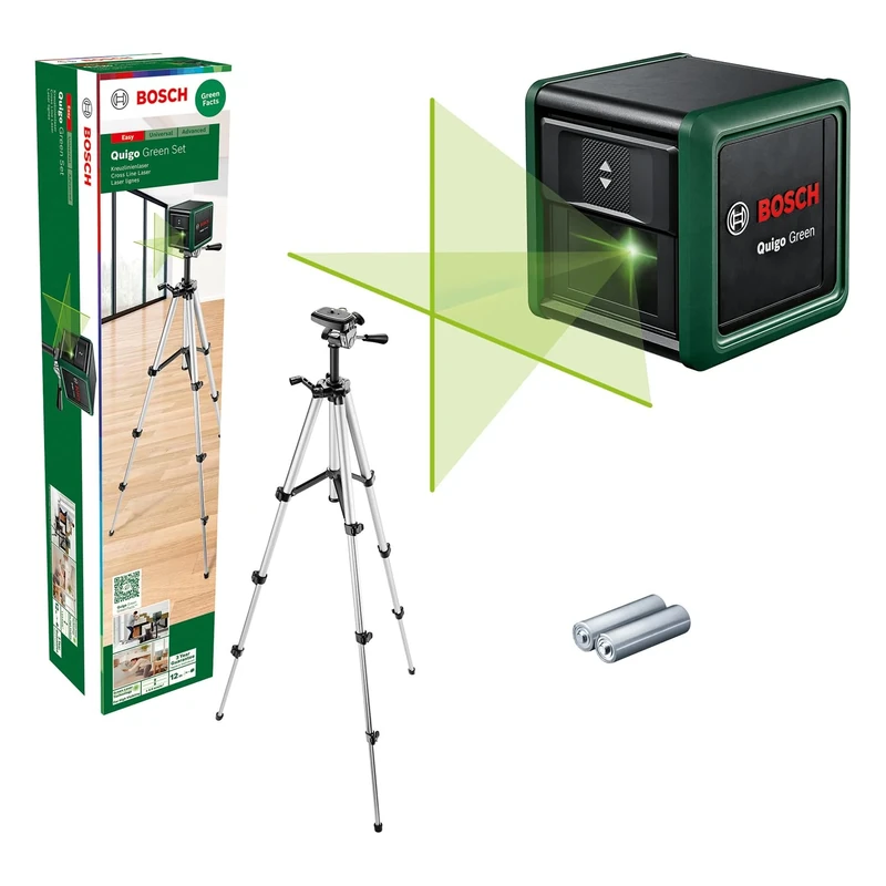 Bosch Cross line Laser Quigo Green with Tripod (Green Laser for Better Visibility, housing Made of Recycled Plastic, in Cardboard Box)