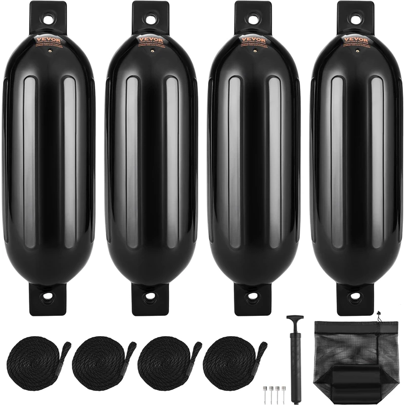 VEVOR Boat Fenders, 5.5" x 20" Boat Bumpers for Docking, Inflatable Ribbed Fender with Center Holes, Marine Boat Dock Fender Bumper with Air Pump, 4 Needles and 4 Ropes and Storage Bag, Black